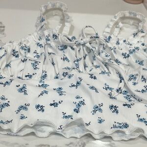 Floral Ruffle Kids Top - White and Blue